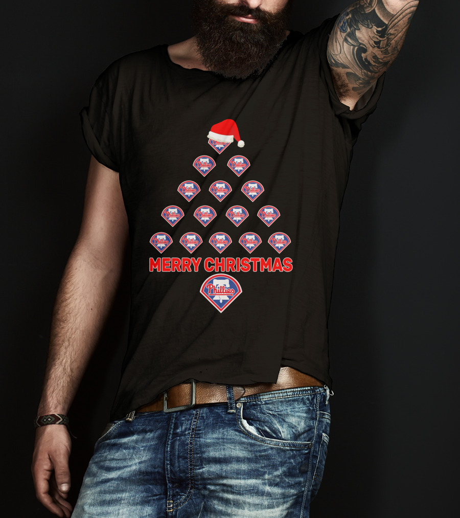Philadelphia Phillies Logos Merry Christmas Tree With Santa Hat T-Shirt