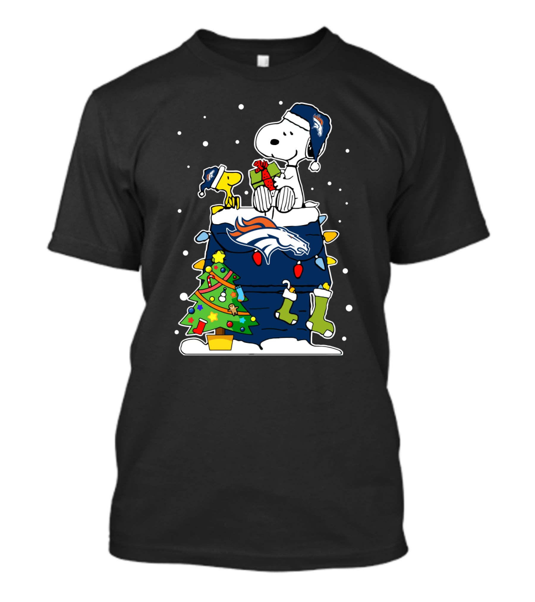 Denver Broncos Christmas Snoopy Woodstock Presents Snowflakes Fan T-Shirt