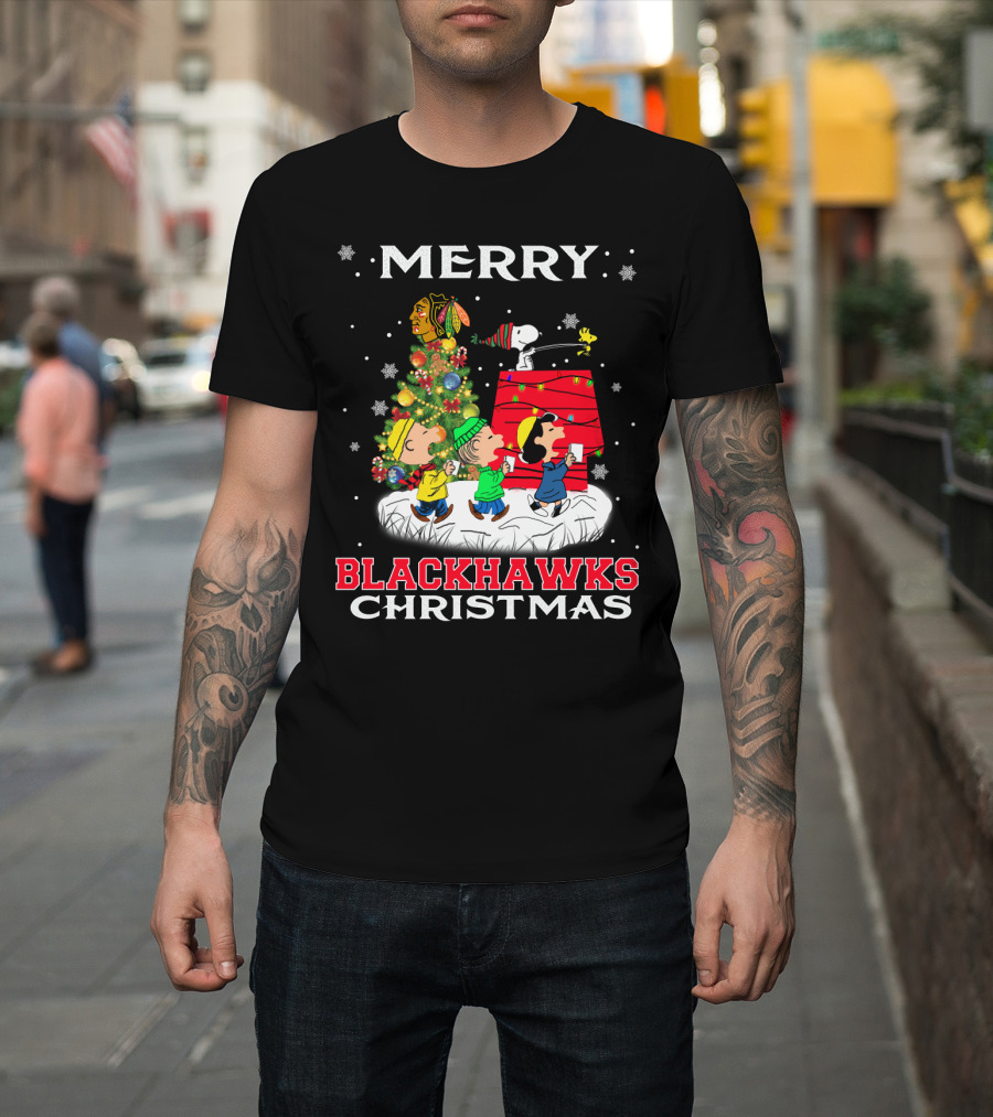 Merry Blackhawks Christmas Featuring Snoopy Woodstock And Friends With Chicago Blackhawks T-Shirt