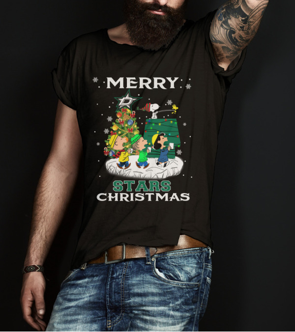 Merry Dallas Stars Christmas With Snoopy Woodstock And Peanuts Characters T-Shirt