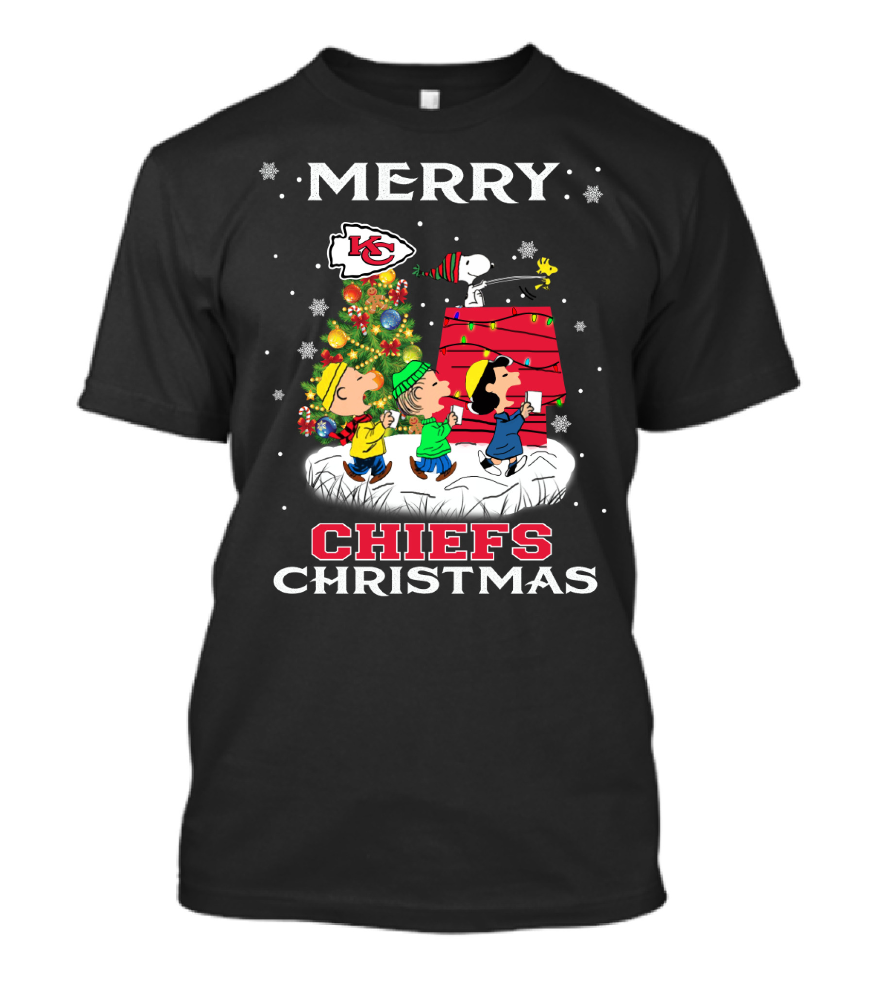 Merry Kansas City Chiefs Christmas Snoopy Fans With Peanuts Characters And Colorful Tree T-Shirt