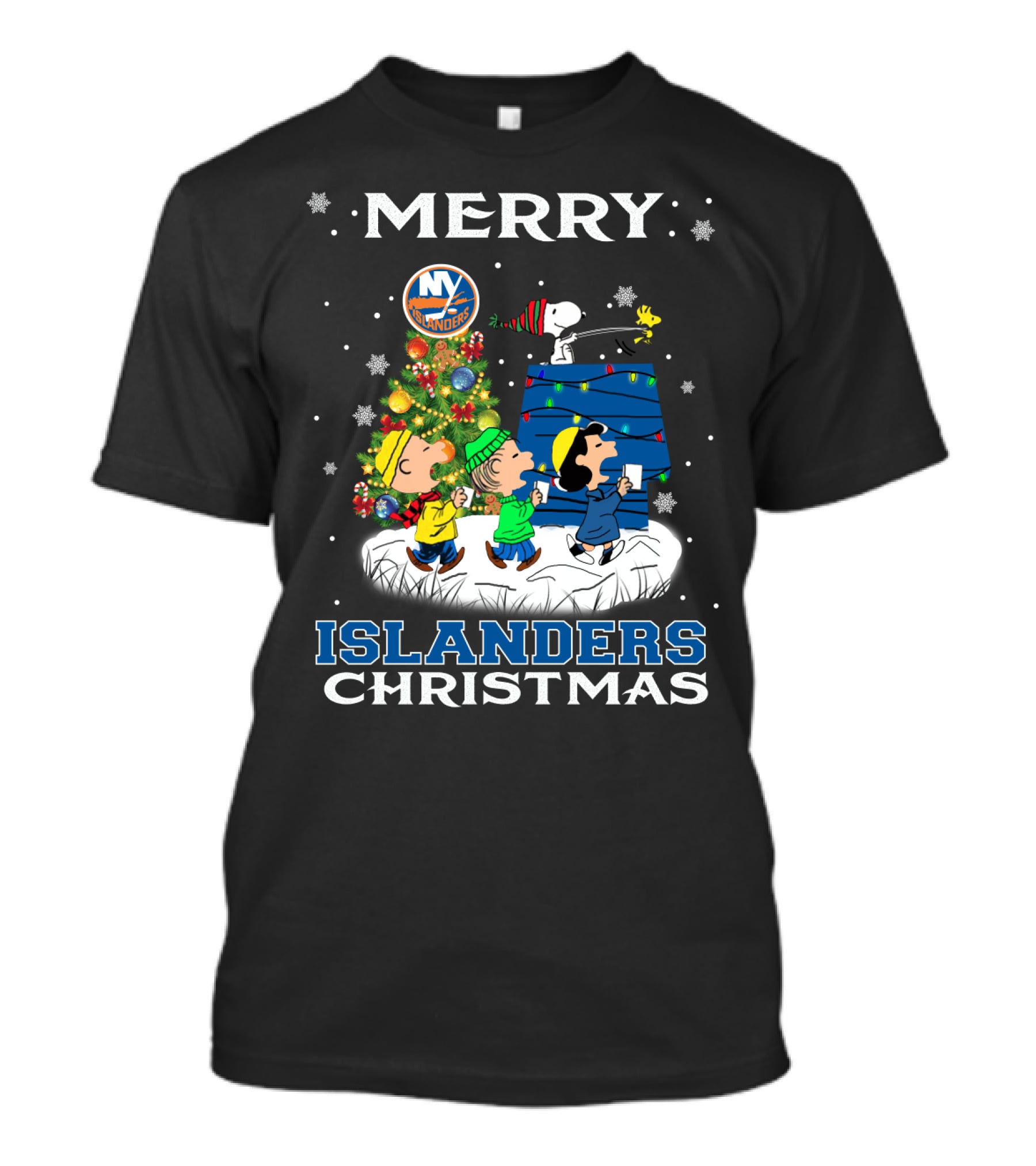 Merry New York Islanders Christmas With Peanuts Characters Snoopy Woodstock Charlie Brown Linus Lucy T-Shirt