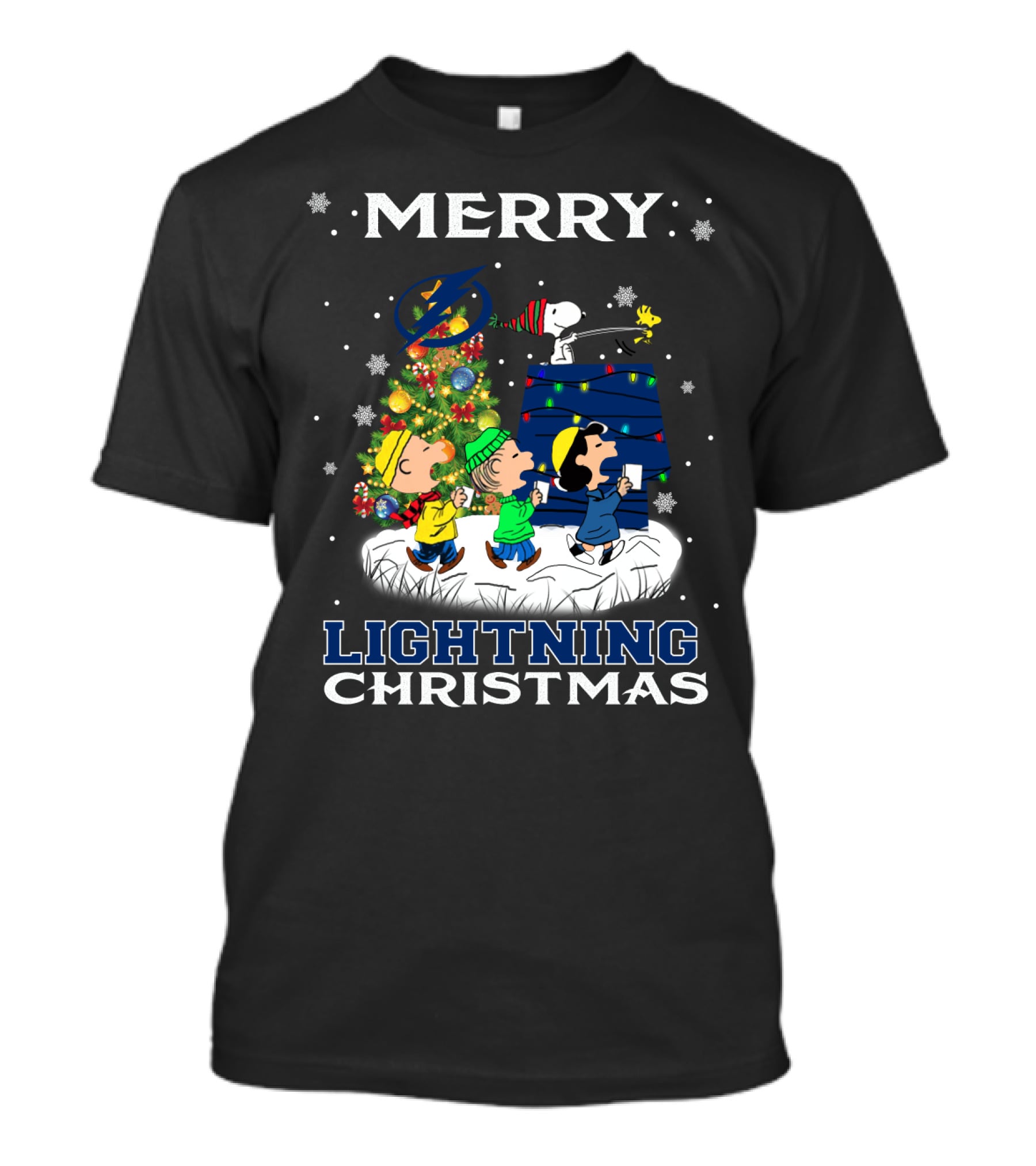 Merry Tampa Bay Lightning Christmas Snoopy And Friends With Holiday Tree T-Shirt