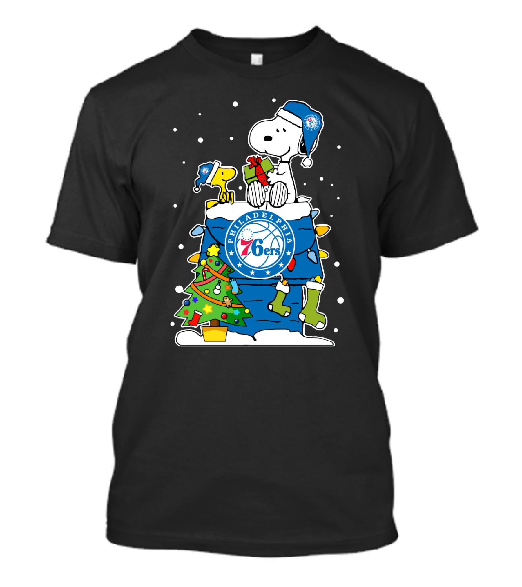 Philadelphia 76ers Snoopy Christmas Present With Tree And Woodstock T-Shirt