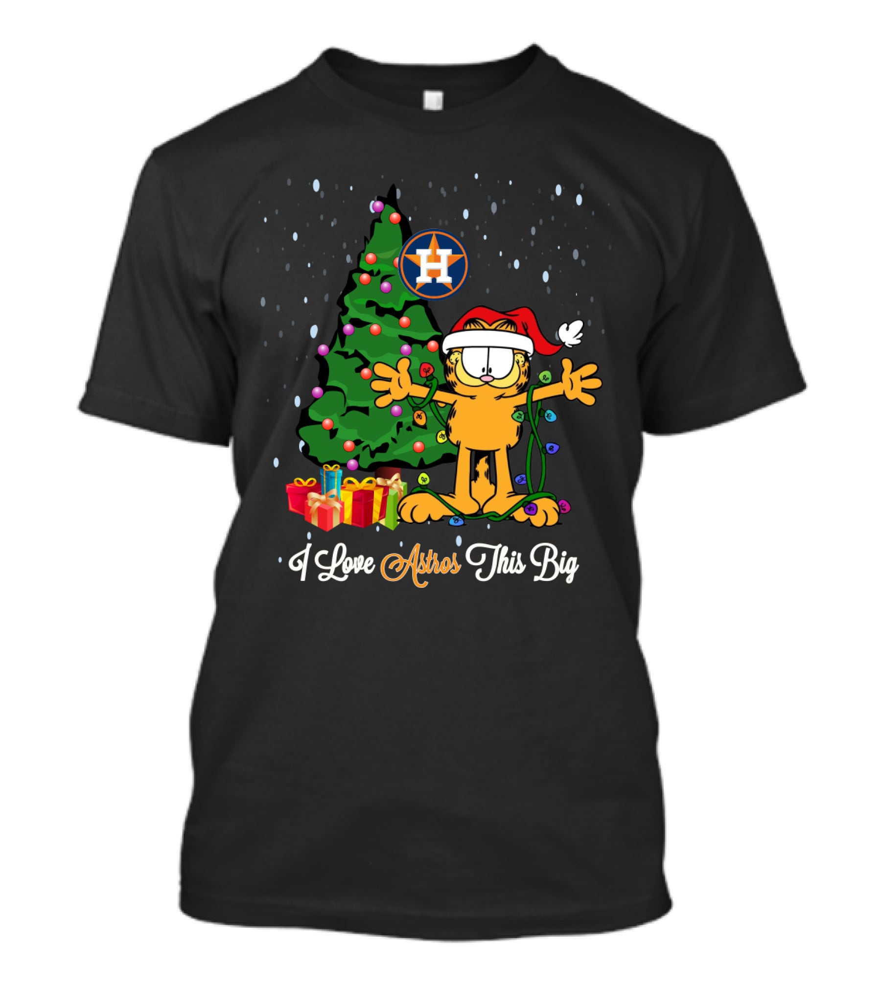 Garfield Xmas I Love Astros This Big Holiday Tree And Gifts Scene T-Shirt