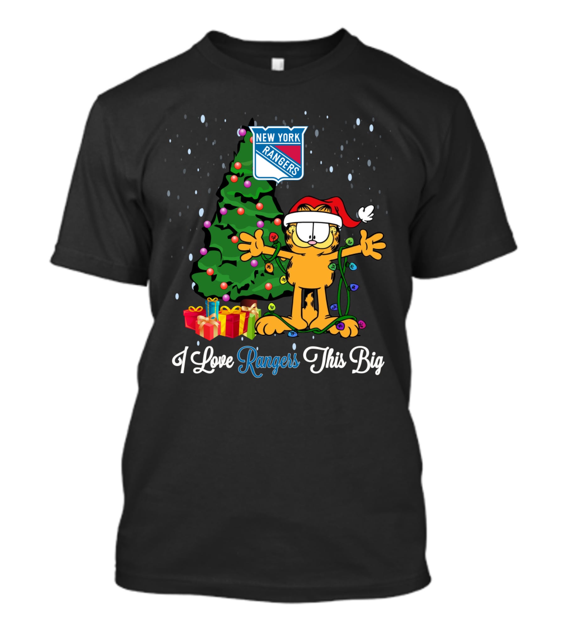 New York Rangers Xmas Garfield Cat Holiday Scene I Love Rangers This Big T-Shirt