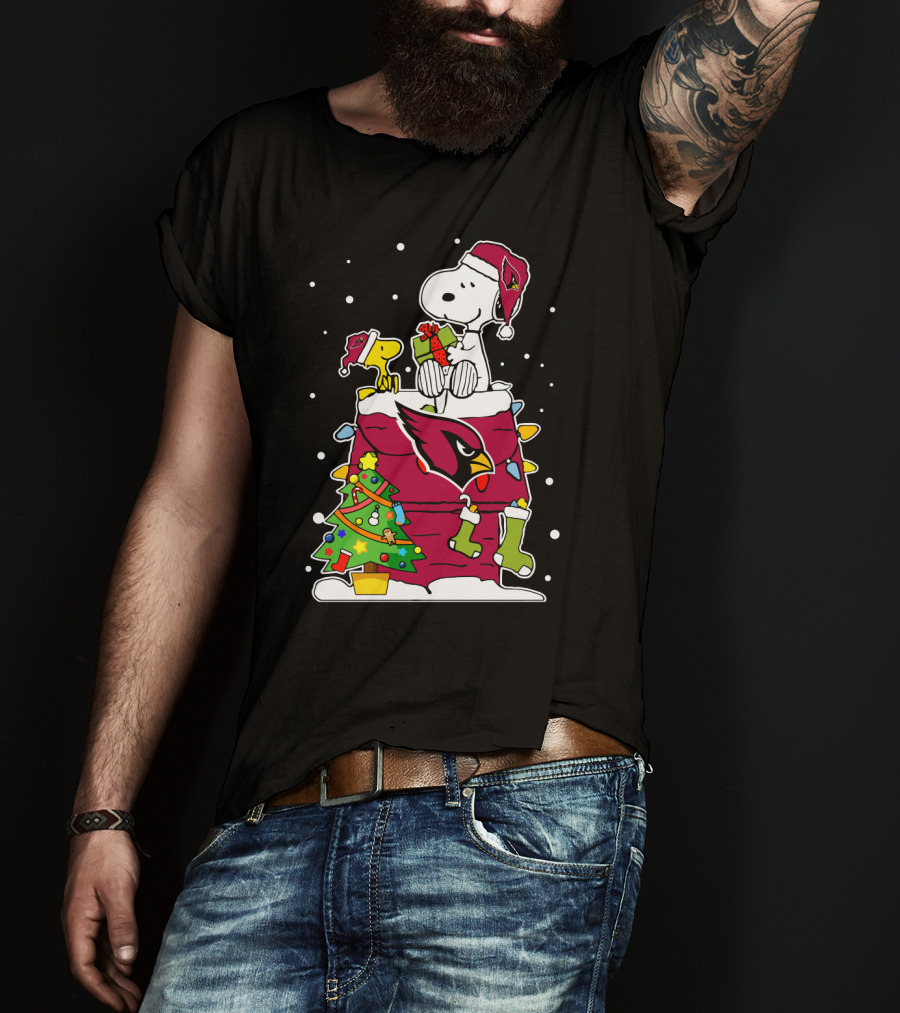 Arizona Cardinals Snoopy Christmas Celebration With Woodstock And Santa Hat T-Shirt