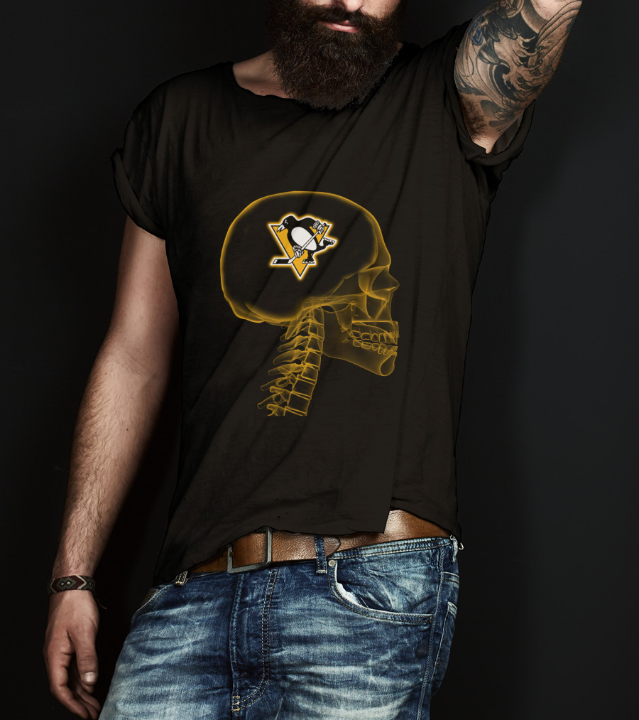 X-Ray Skull With Pittsburgh Penguins Hockey Logo Inside Brain T-Shirt