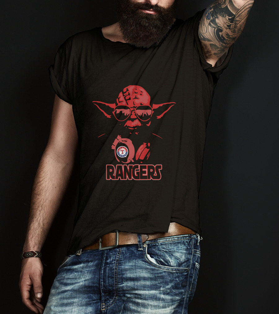 Yoda In Red With Texas Rangers Logo And Star Wars Style Rangers Text T-Shirt