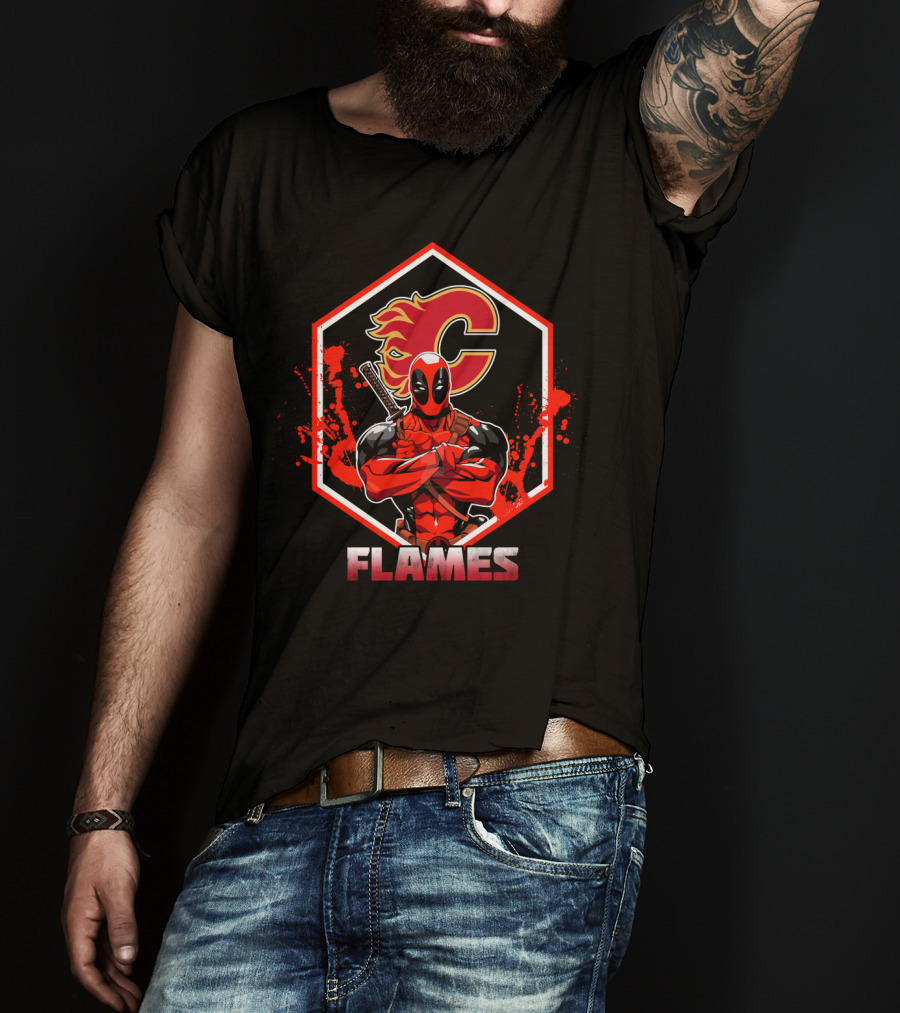 Deadpool Calgary Flames Crossover Fan T-Shirt
