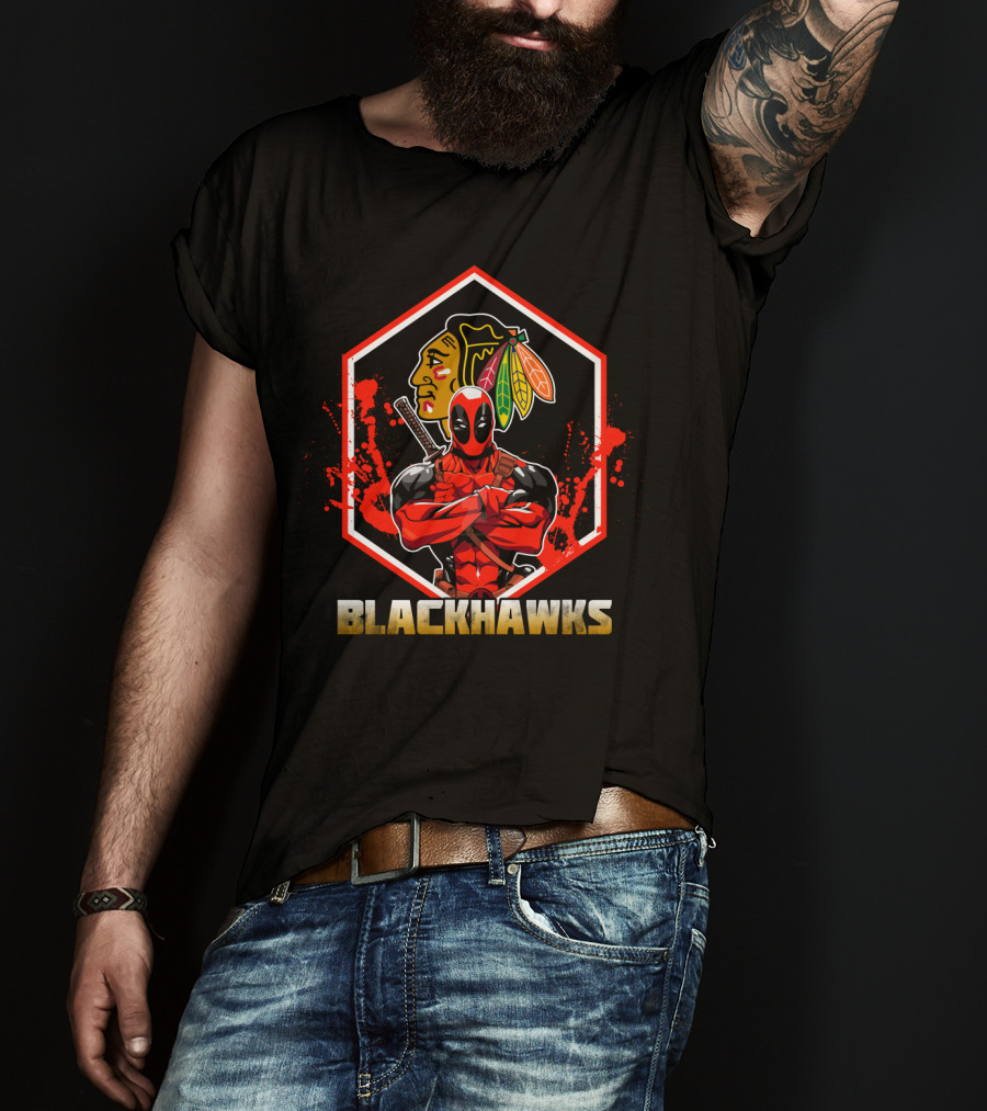 Deadpool With Chicago Blackhawks Logo Embrace T-Shirt