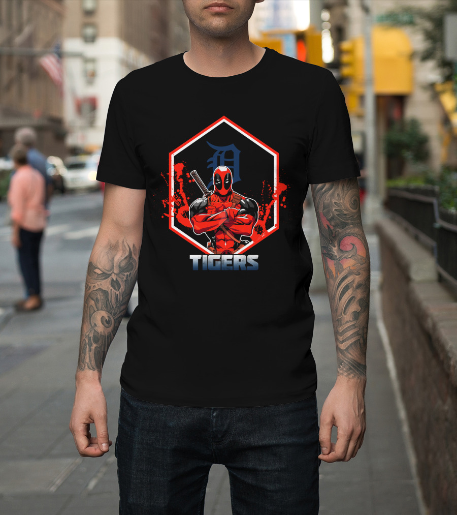 Deadpool Detroit Tigers Collaboration Fan Art With Samurai Sword T-Shirt