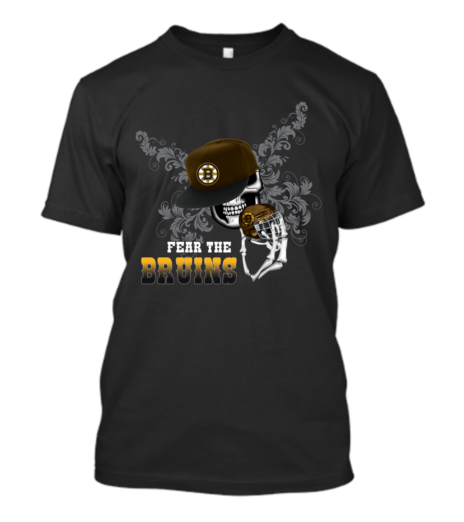 Boston Bruins Skull With Cap And Hockey Helmet - Fear The Bruins T-Shirt