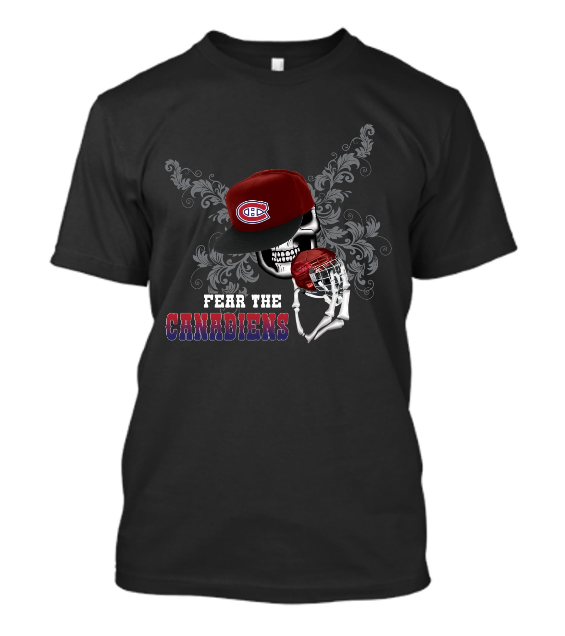 Fear The Canadiens Skull Wearing Logo Cap Holding Hockey Helmet T-Shirt
