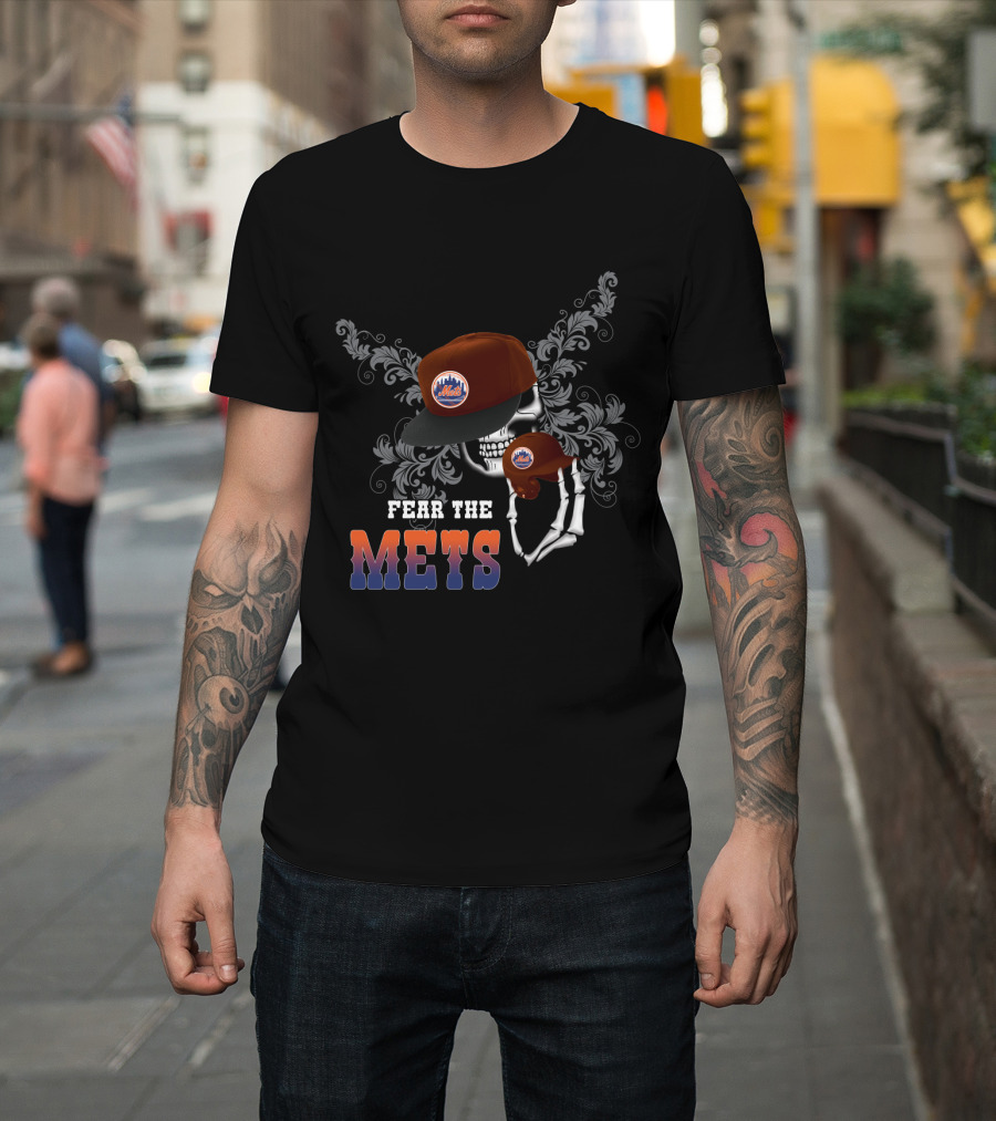 Fear The New York Mets Skeleton Wearing Baseball Cap T-Shirt
