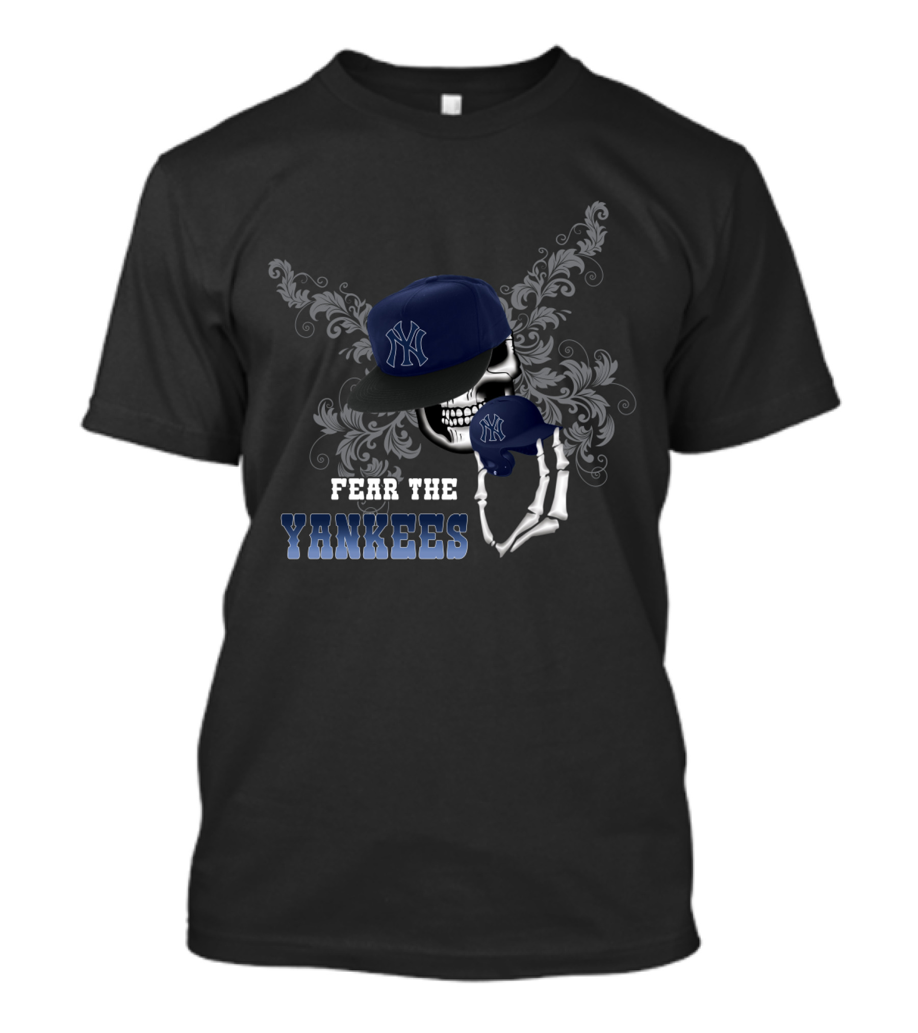 Fear The Yankees Skull And Skeleton Holding Cap T-Shirt