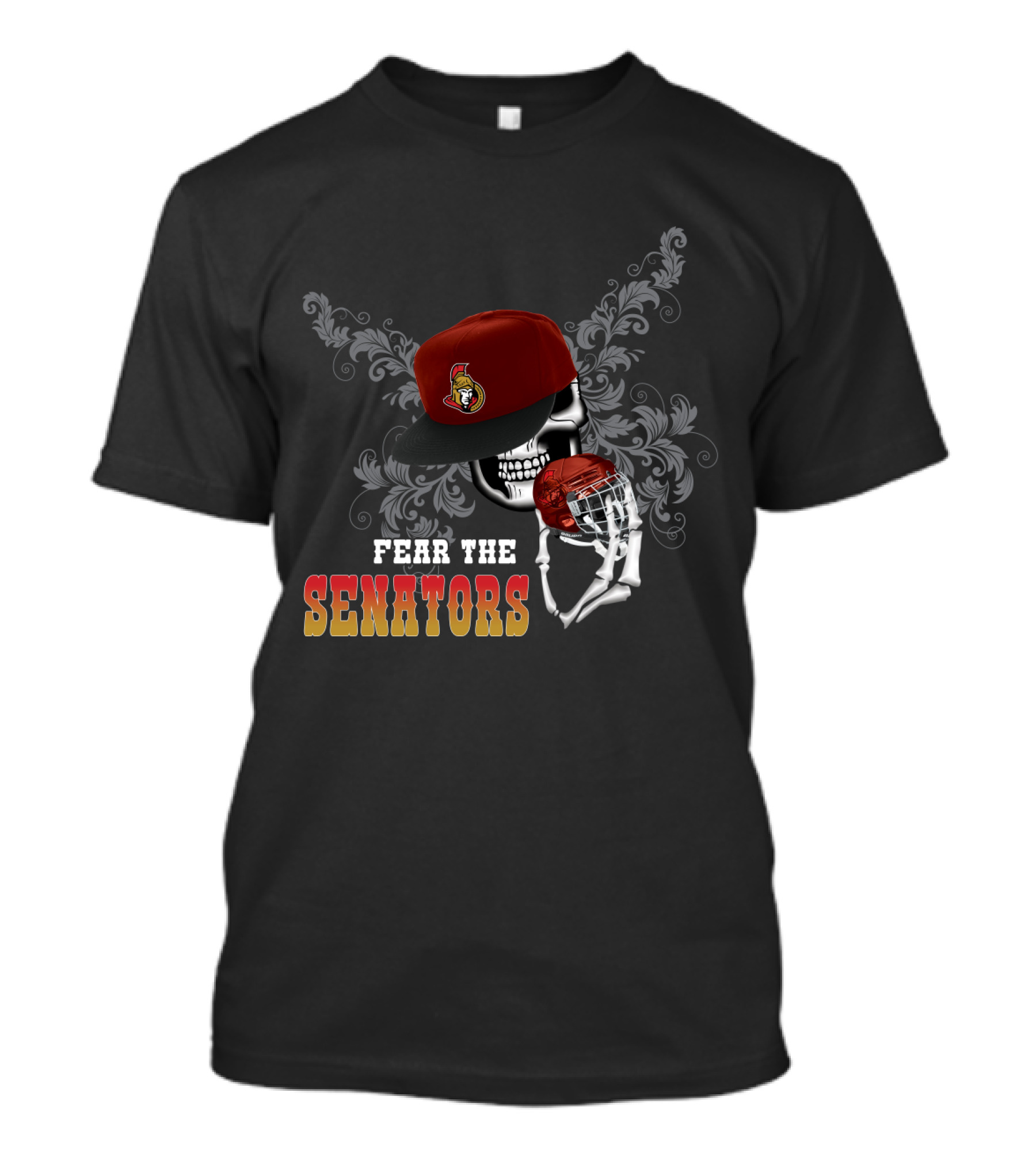 Ottawa Senators Fear The Skull With Hockey Helmet And Floral Background T-Shirt