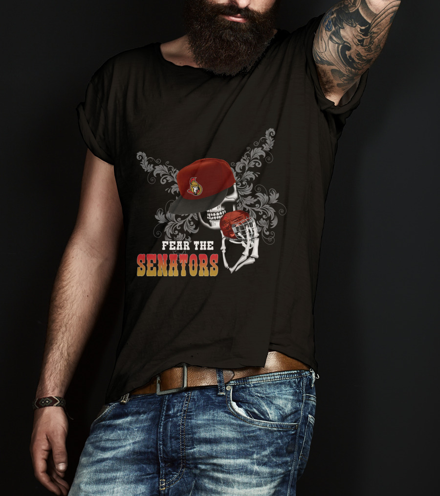 Ottawa Senators Fear The Skull With Hockey Helmet And Floral Background T-Shirt