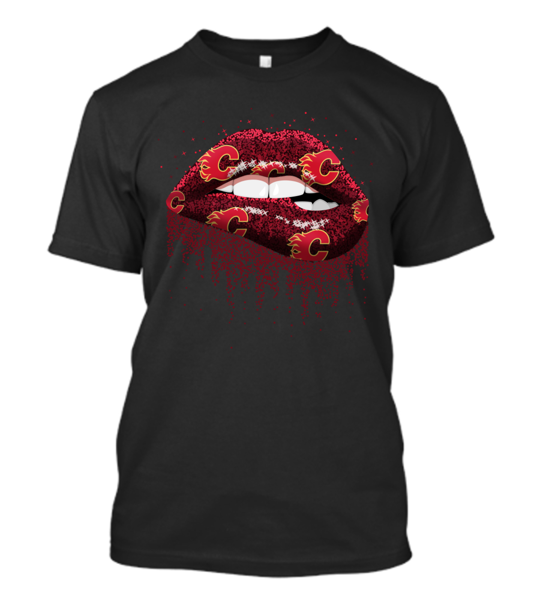 Calgary Flames Glitter Lips Fan Lips With Flames T-Shirt