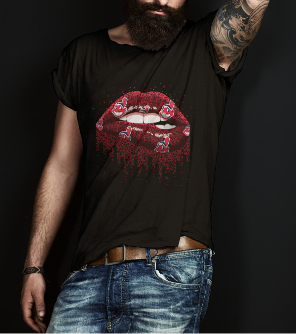 Red Glitter Lips With Cleveland Indians Logos For Fans T-Shirt