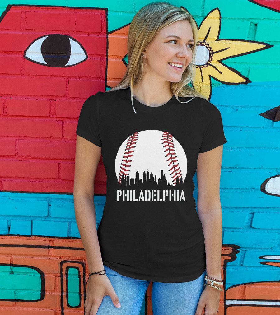 Philadelphia Skyline Baseball Stitching Downtown Philly T-Shirt