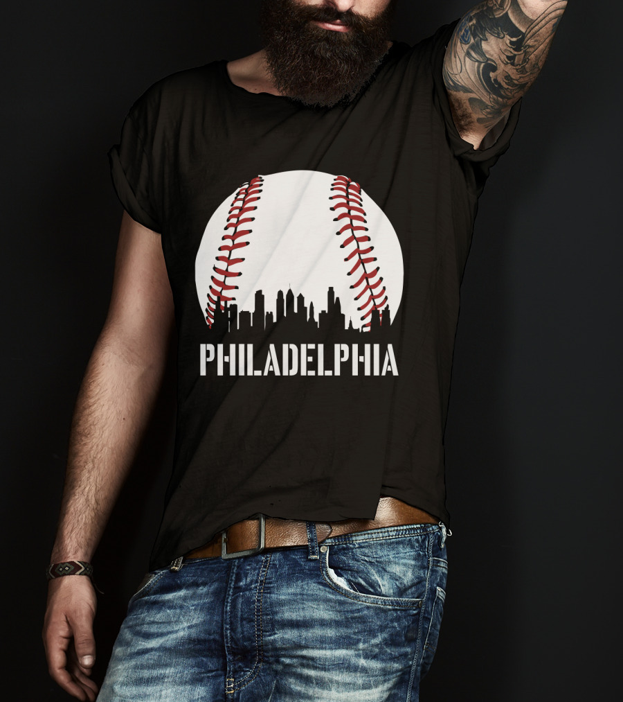 Philadelphia Skyline Baseball Stitching Downtown Philly T-Shirt