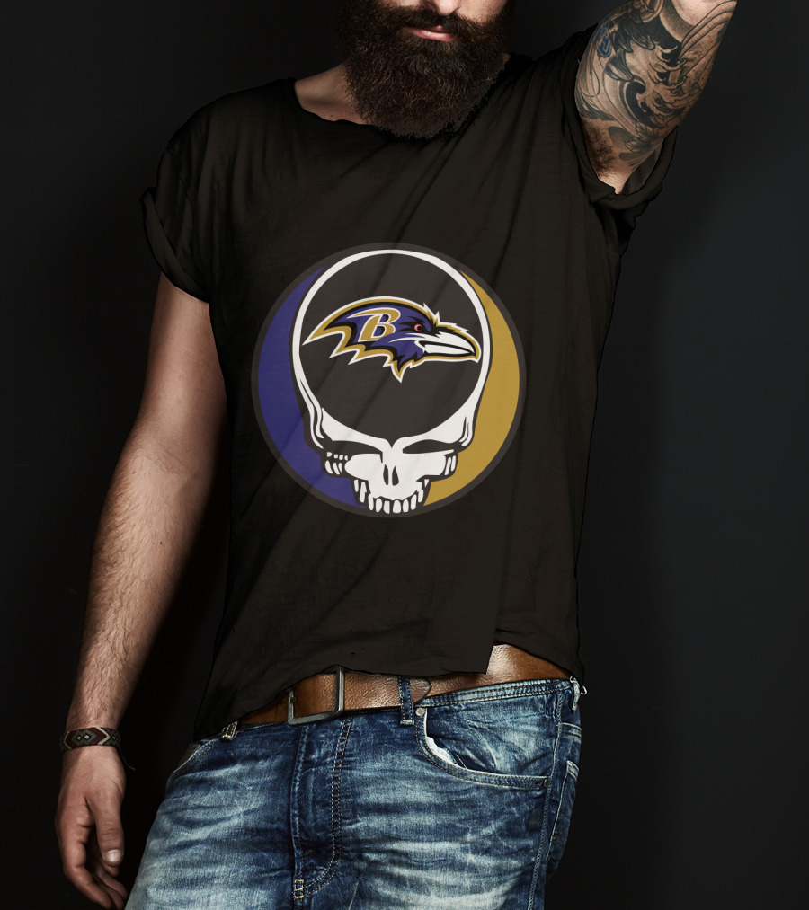 Grateful Dead Skull Logo With Baltimore Ravens Team T-Shirt