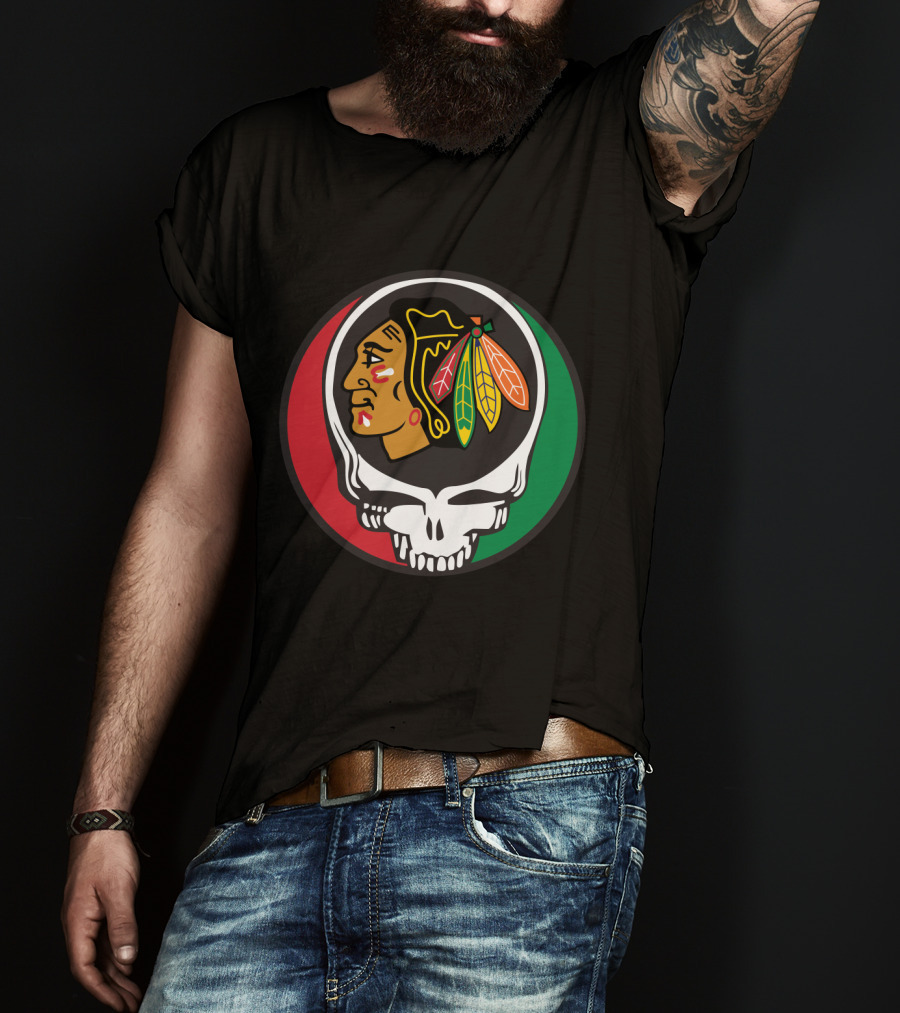 Grateful Dead Skull Chicago Blackhawks Logo Fusion For Fans T-Shirt