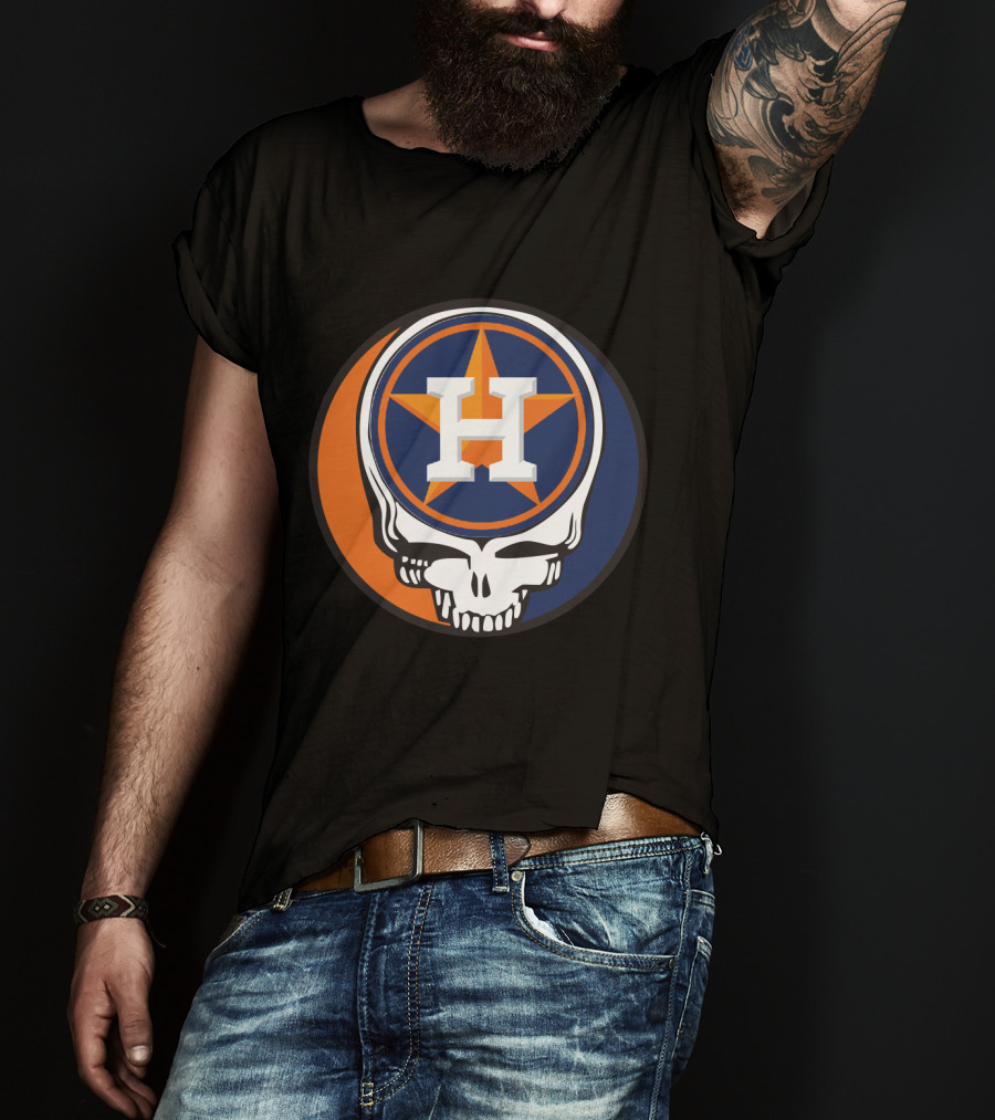 Grateful Dead Skull With Houston Astros Logo And Star In Orange And Blue T-Shirt