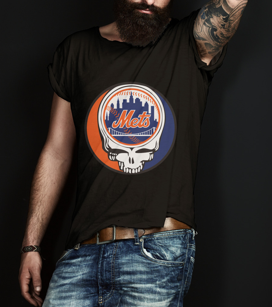 Skull Logo Blending New York Mets Skyline With Grateful Dead T-Shirt