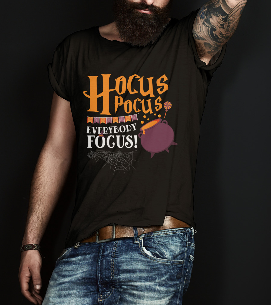 Hocus Pocus Everybody Focus Cauldron Banner Lollipop Spiderweb Halloween T-Shirt
