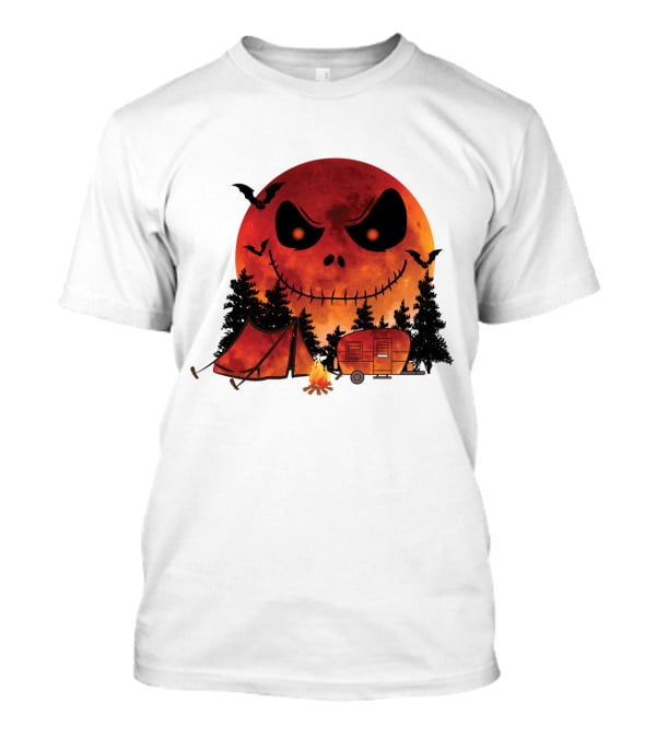 Jack Skellington Halloween Camping Under Blood Moon With Tent And Camper T-Shirt