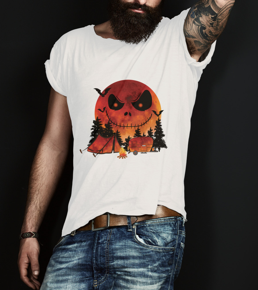 Jack Skellington Halloween Camping Under Blood Moon With Tent And Camper T-Shirt