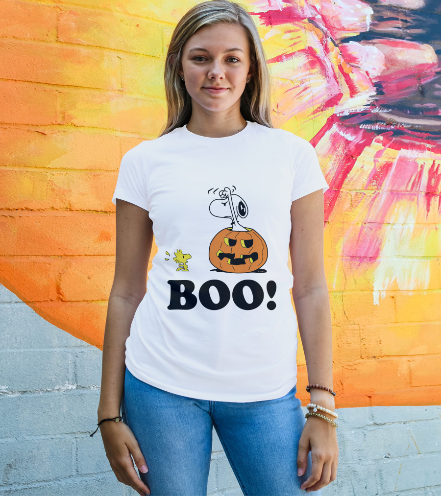 Peanuts Halloween Snoopy And Woodstock In Pumpkin BOO T-Shirt