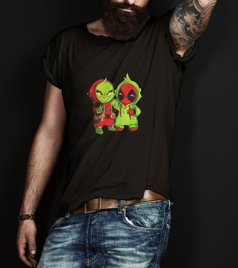 Baby Grinch And Baby Deadpool Crossover Cartoon Characters T-Shirt