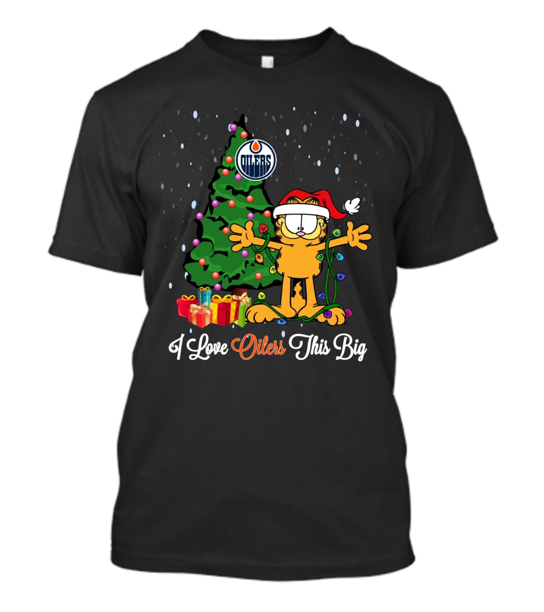 I Love Oilers This Big Edmonton Christmas Garfield Santa Hat T-Shirt