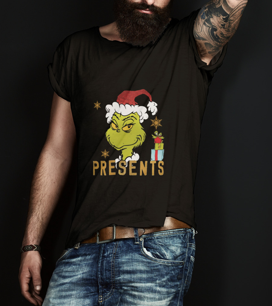 Grinch Santa Hat I'm Here For The Presents Christmas Holiday Gifts T-Shirt