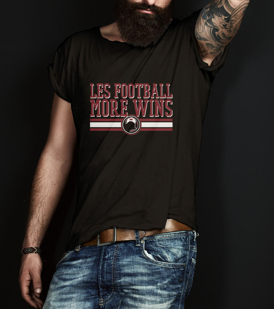 LES FOOTBALL MORE WINS Helmet Graphic Bold Red White Black Stripes T-Shirt