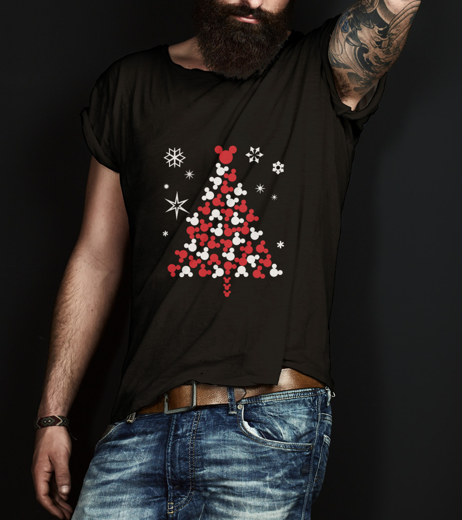 Mickey Mouse Head Christmas Tree With Snowflakes And Stars T-Shirt