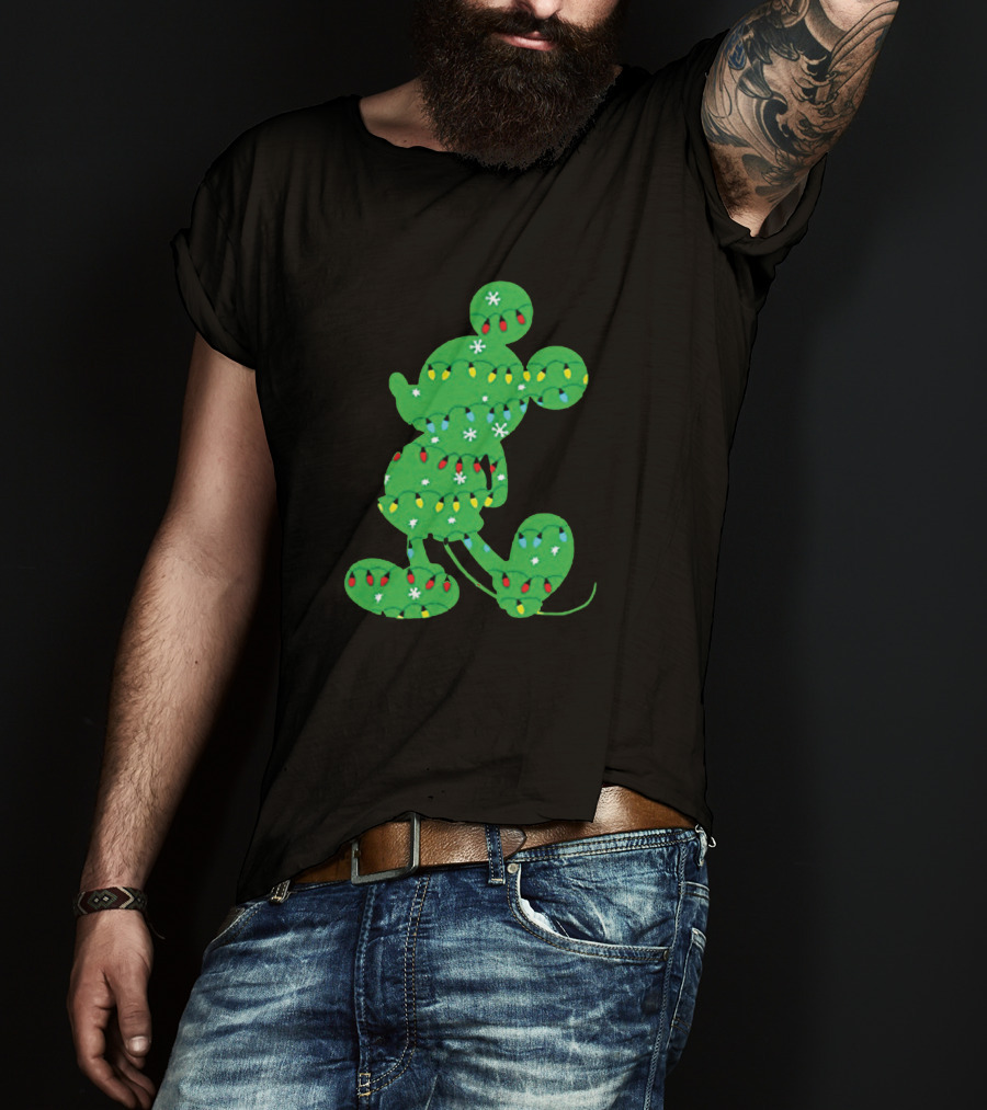 Mickey Mouse Silhouette With Festive Christmas Lights And Green Holiday T-Shirt