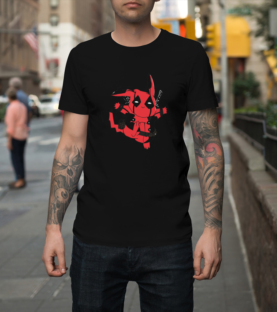 Pikachu Deadpool Crossover Character with Red Suit and Swords T-Shirt
