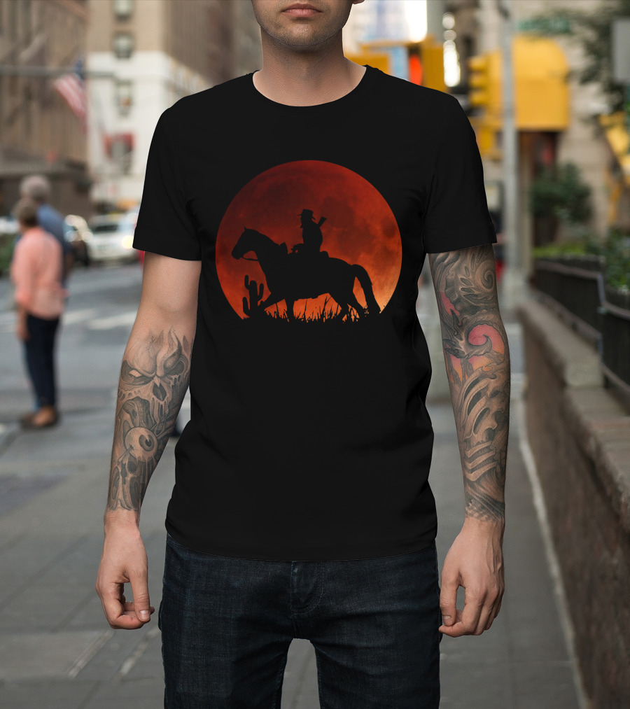 Red Moon Cowboy Riding Silhouette Red Dead Redemption T-Shirt
