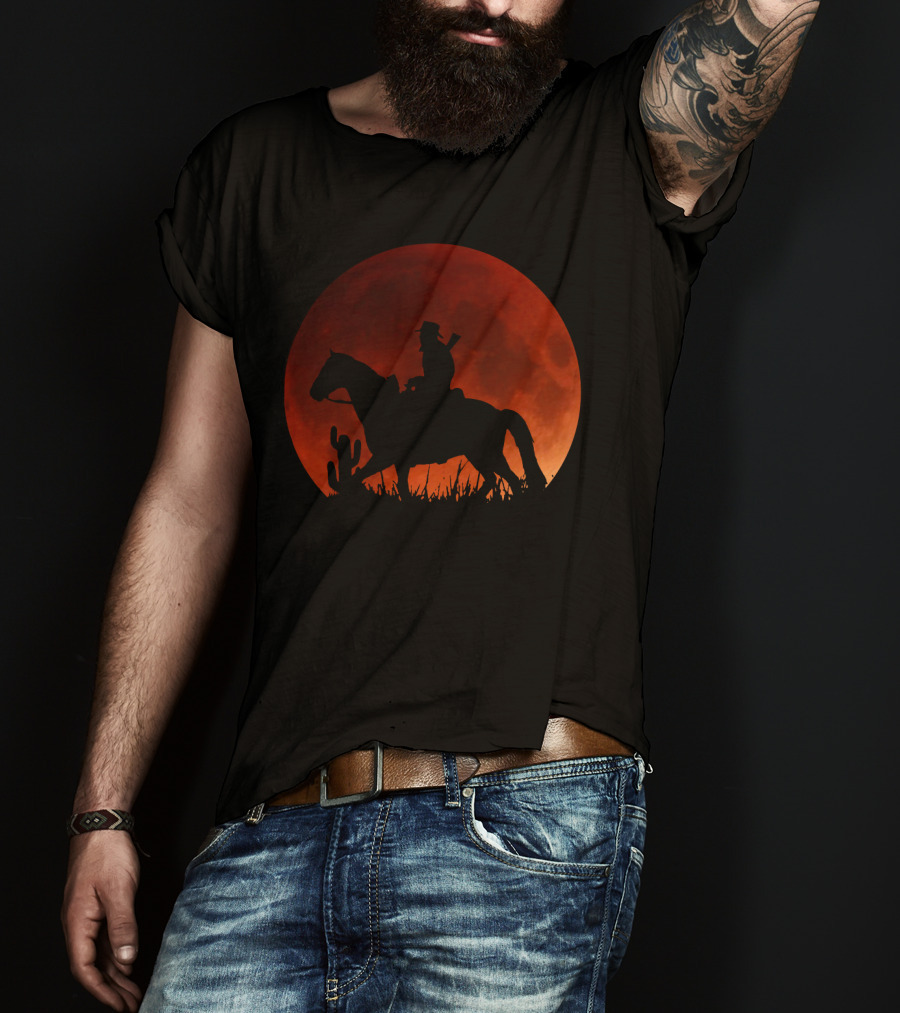 Red Moon Cowboy Riding Silhouette Red Dead Redemption T-Shirt