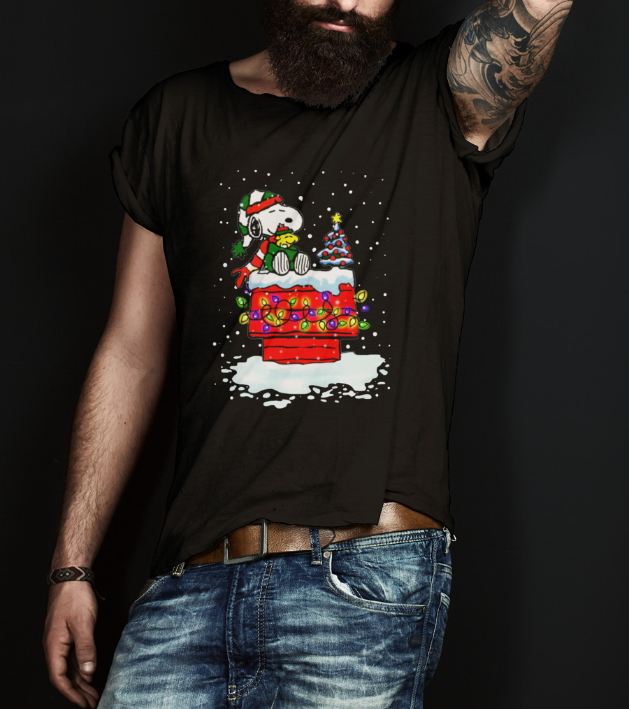 Snoopy Christmas Lights On Doghouse With Woodstock And Winter Scene From Peanuts T-Shirt