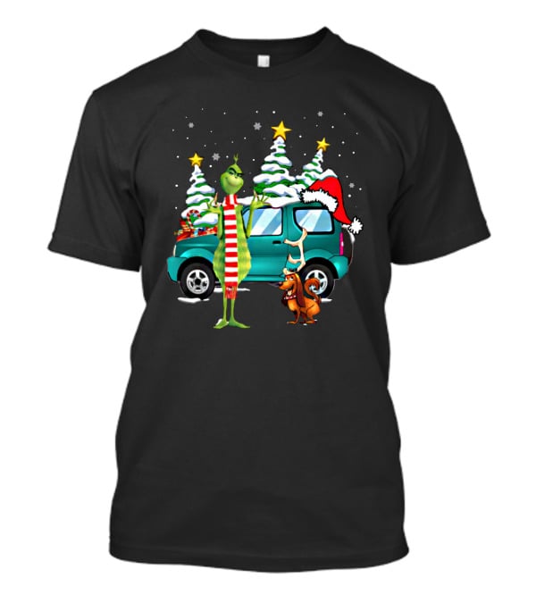 Grinch Max Dog Christmas Snow Trees Santa Hat Car Scene T-Shirt