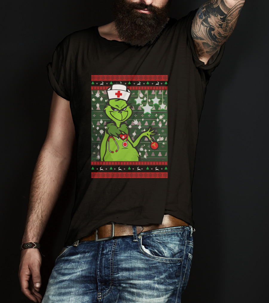 Nurse Ugly Sweater Merry Christmas Grinch With Nurse Hat And Stethoscope T-Shirt