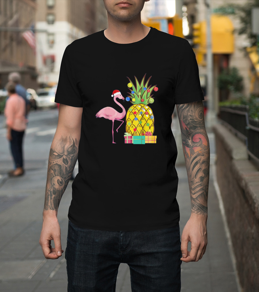 Santa Flamingo Christmas Pineapple With Colorful Ornaments And Holiday Gifts T-Shirt