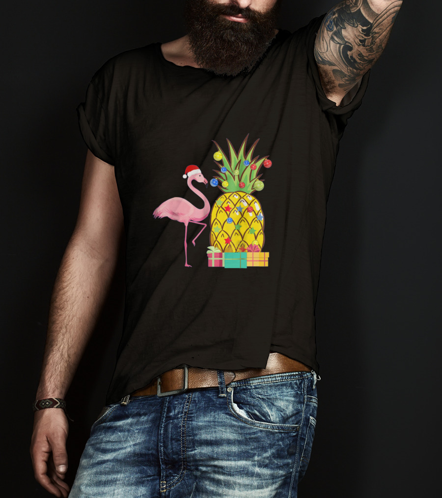 Santa Flamingo Christmas Pineapple With Colorful Ornaments And Holiday Gifts T-Shirt