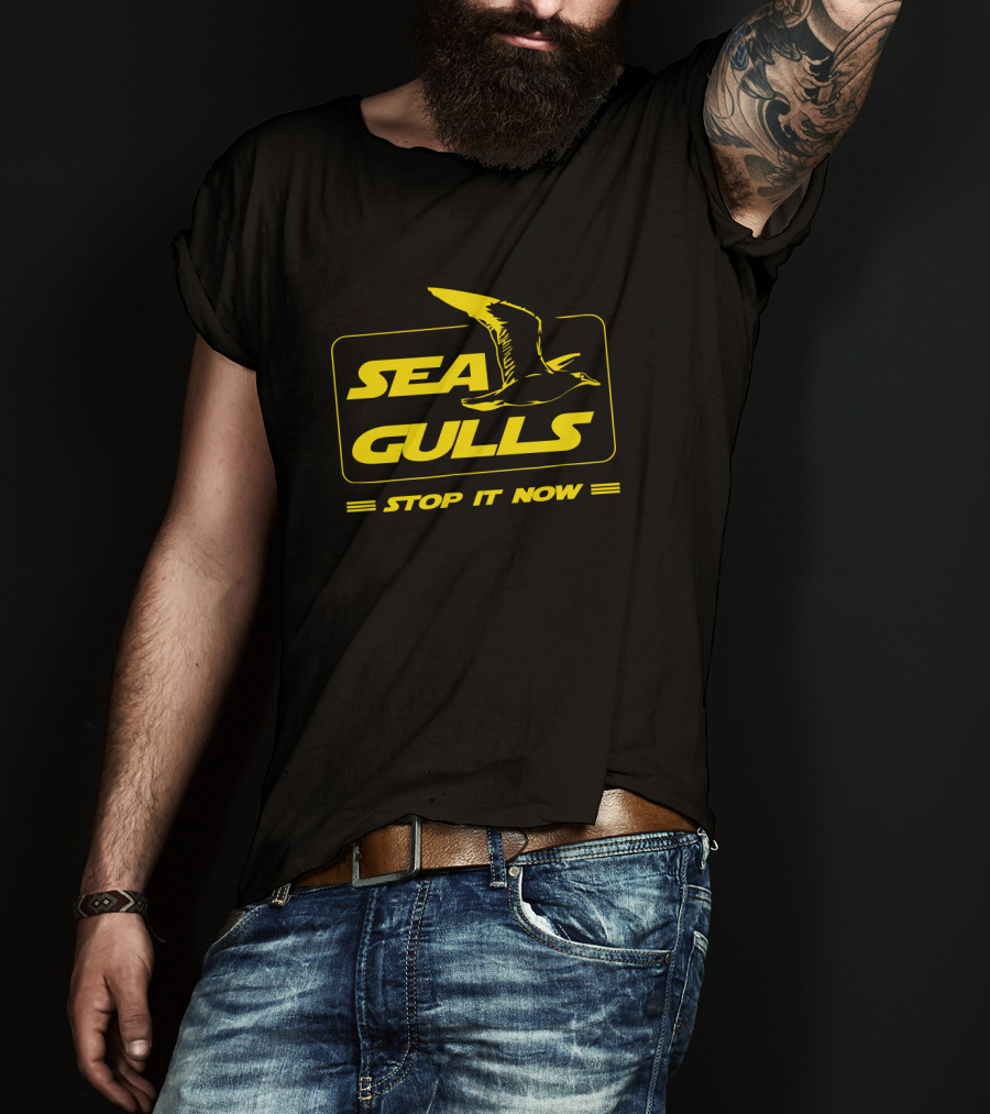Seagulls Stop It Now Parody With Text In Bold Yellow Box Featuring Bird T-Shirt