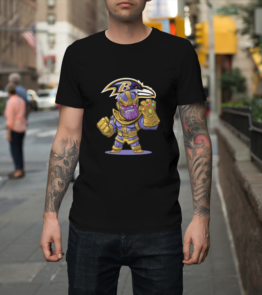 Thanos Marvel Character With Infinity Gauntlet And Baltimore Ravens Nfl T-Shirt